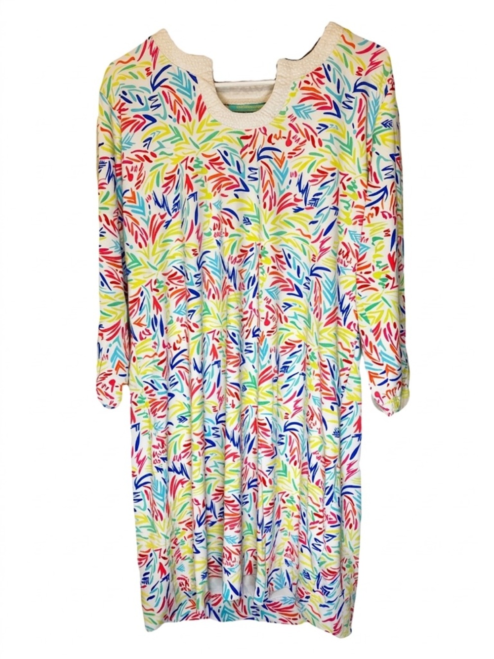 Colorful Leaf-Print Long Sleeve Tunic Dress